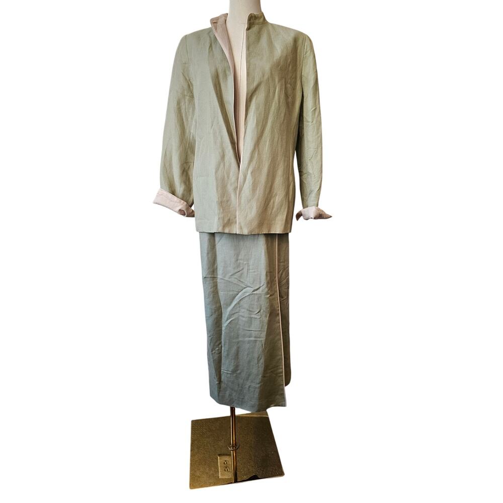 Vintage Parisian Signature Linen Coat & Maxi Skirt 2 Pc Suit Women Sz 14P‎ Green